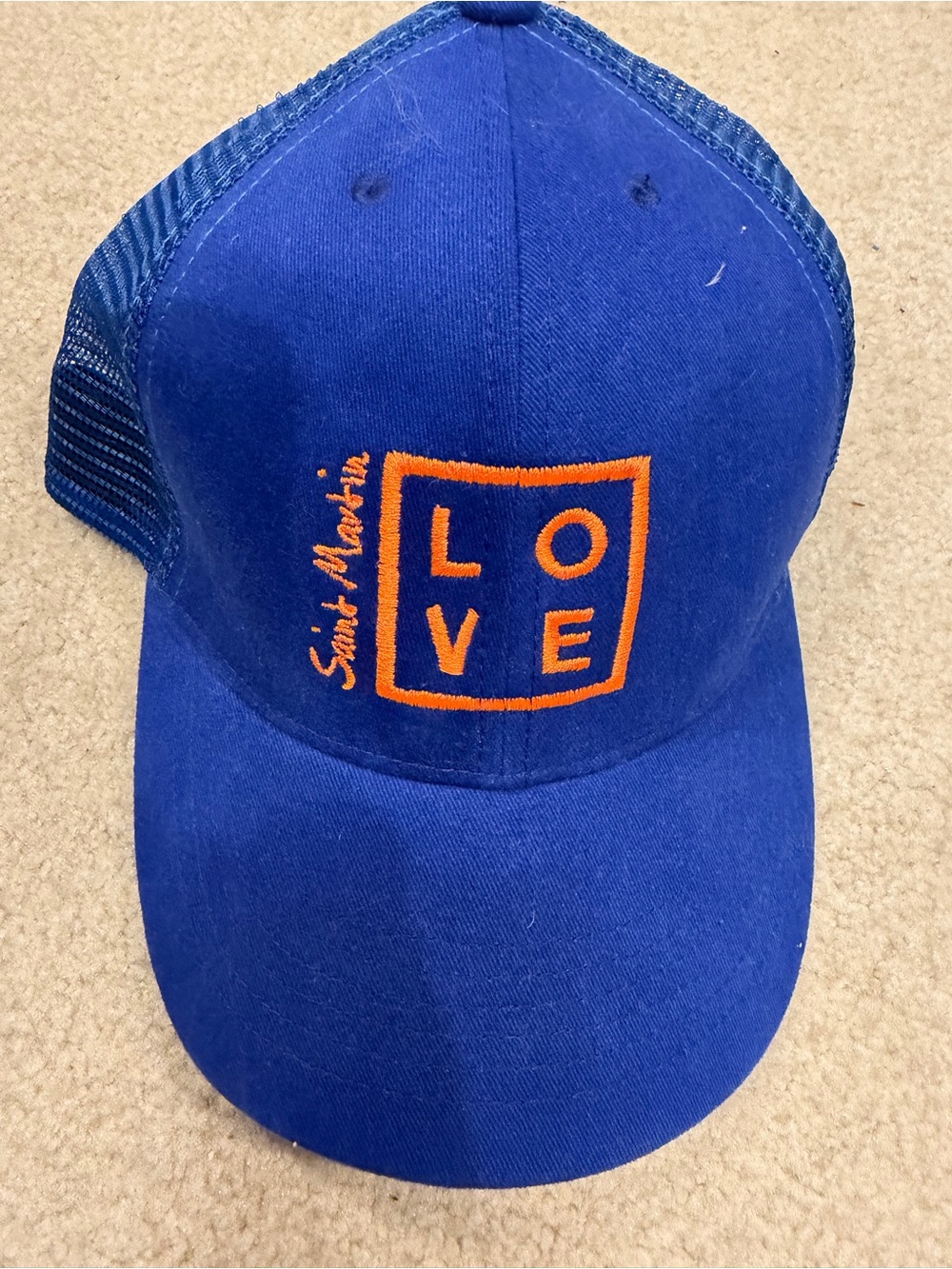 Saint Martin LOVE Blue Mesh Trucker Hat Orange Embroidered Snapback